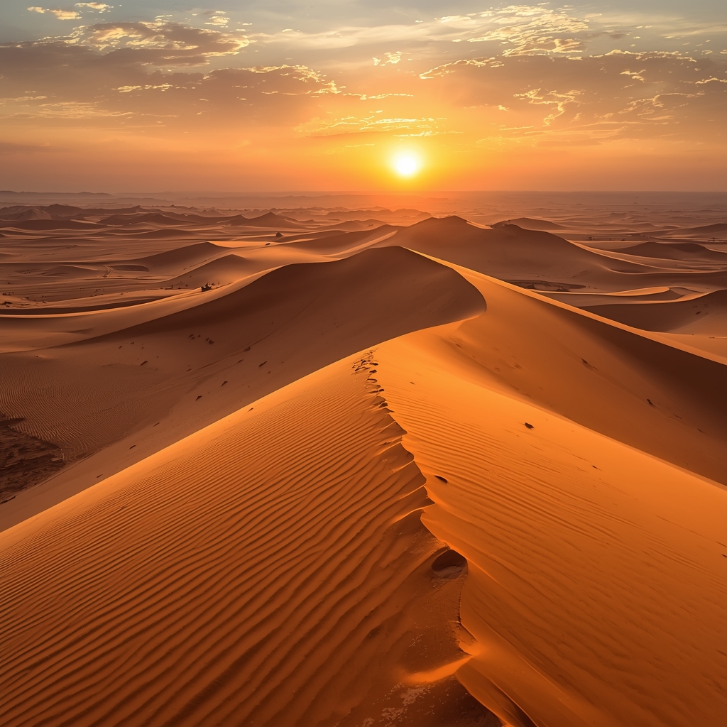 Towering golden sand dunes stretching to the horizon at sunset in a vast desert, no people, epic landscape
